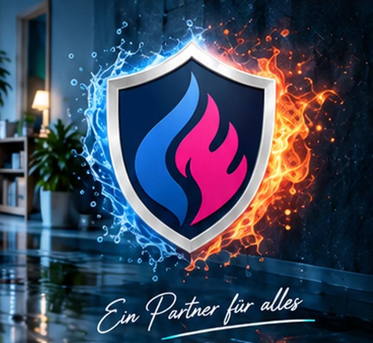 Wassernotdienst Emblem vor einem von Wasser betroffenen Wohnraum